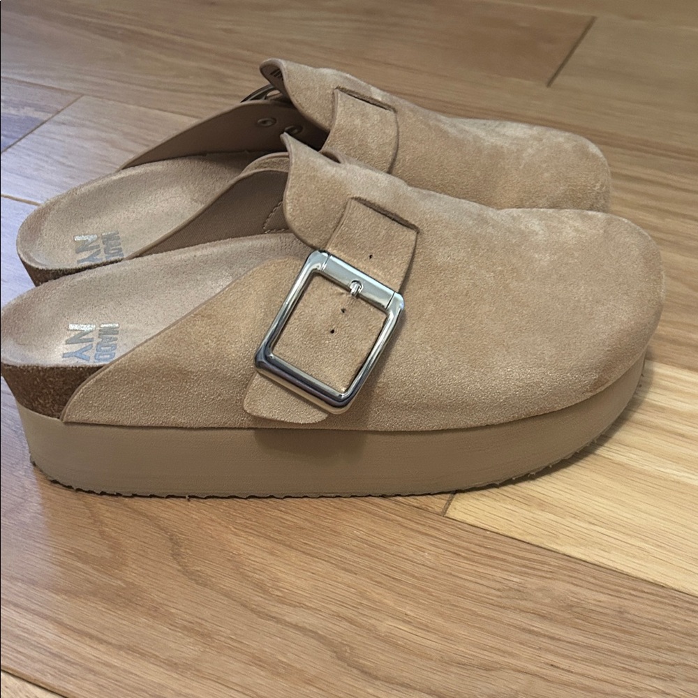 Madden NYC Platform Suede Mules with Buckle - Beige - Picture 4 of 7